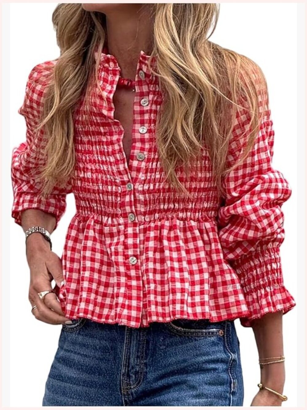Y2K Gingham Button Down Babydoll Shirt Flounce Long Sleeve Smocked Peplum Blouse
